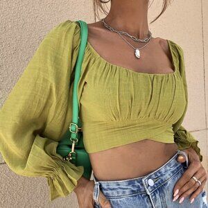 Aveloria Square Neck Flounce Sleeve Tie Back Crop Milkmaid Blouse L
